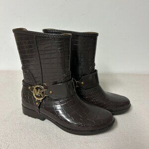 Michael Kors Croc Embossed Fulton Rain Boots Womens 6 Brown Rubber Gold Logo